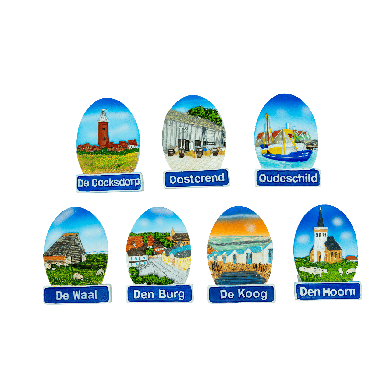 Set van 7 Texelse Dorpsmagneten – Resin Souvenirs