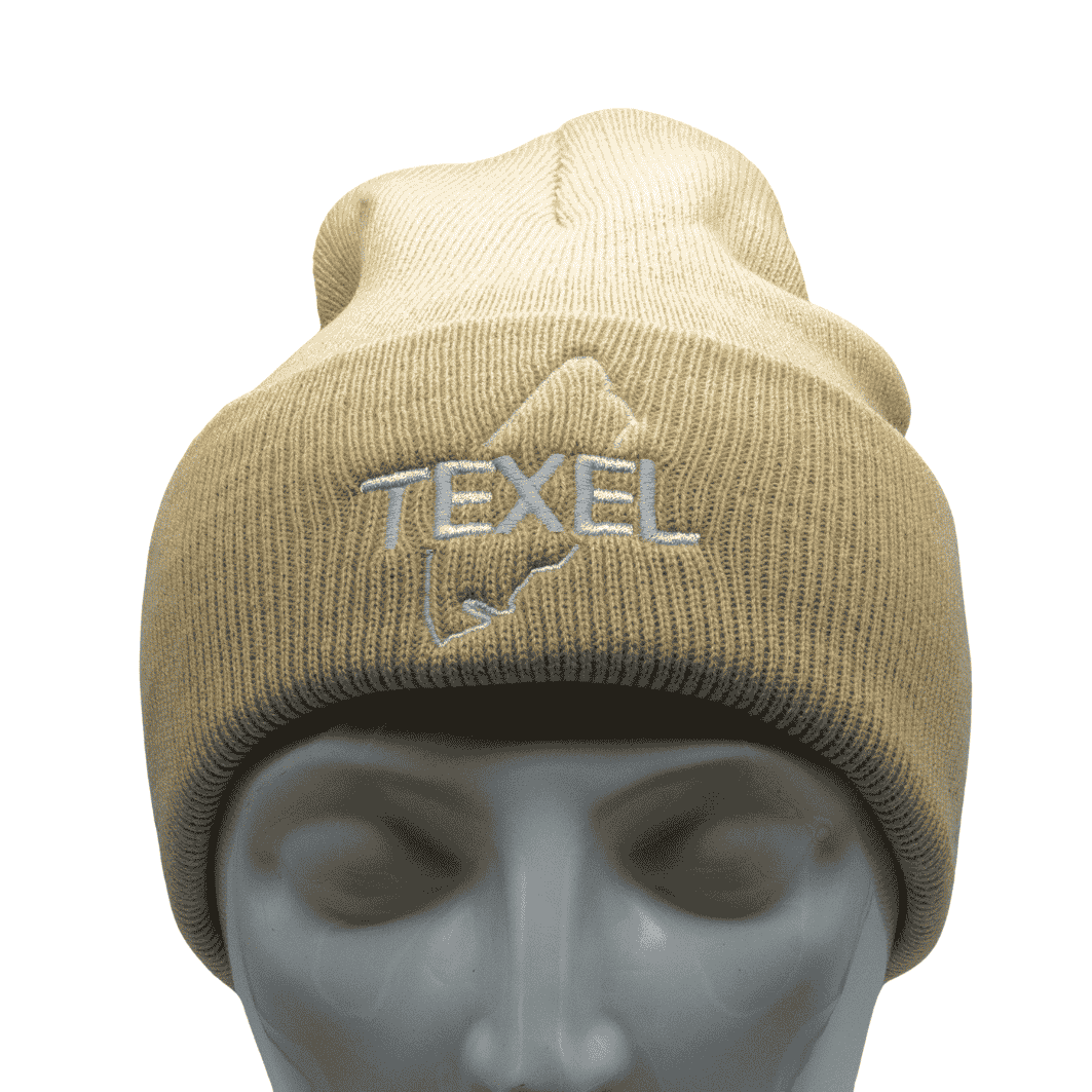 Texel Muts Beige – Unisex Acryl Beanie met ‘Texel’ & Eilandlogo (Medium)