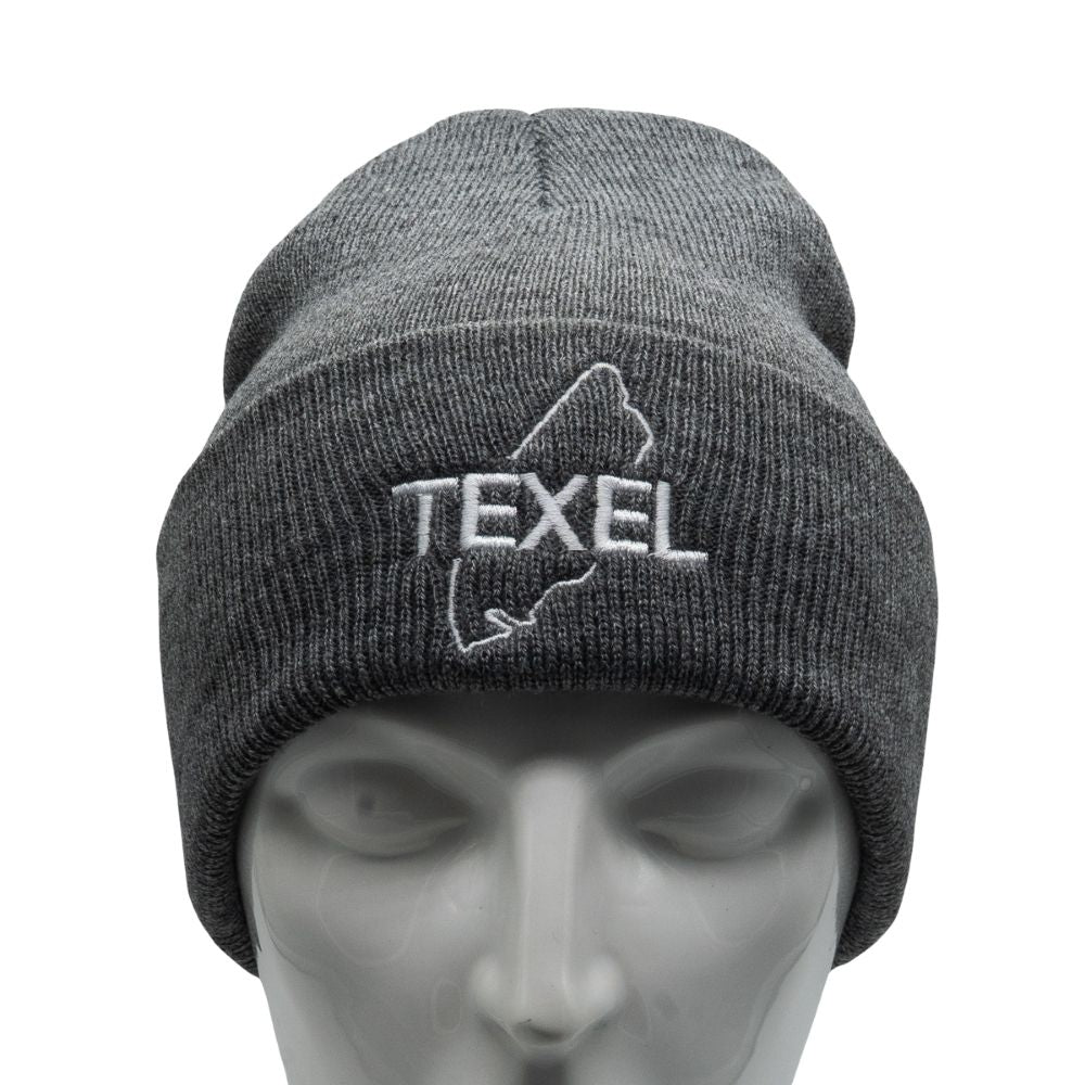 Texel Muts Grijs – Unisex Acryl Beanie met ‘Texel’ & Eilandlogo (Medium)
