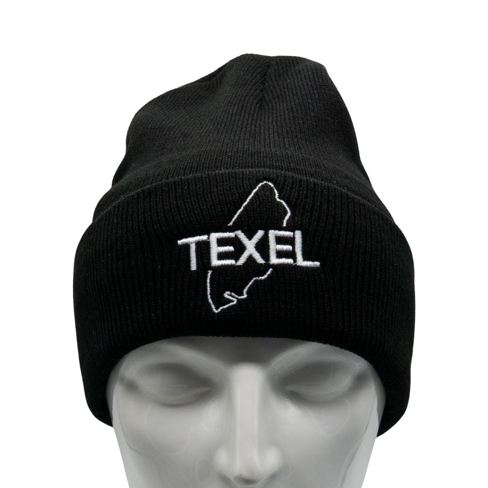 Texel Muts Zwart – Unisex Acryl Beanie met ‘Texel’ & Eilandlogo (Medium)